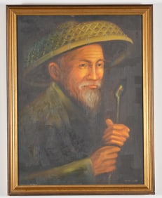 Chung Ming. 20th century portrait of an old man holding a walking stick. Oil on canvas. Signed lower