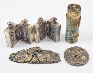 4 small Chinese and Japanese silver items. Snuff bottles, 2 repousse mounts, and an enamel decorated