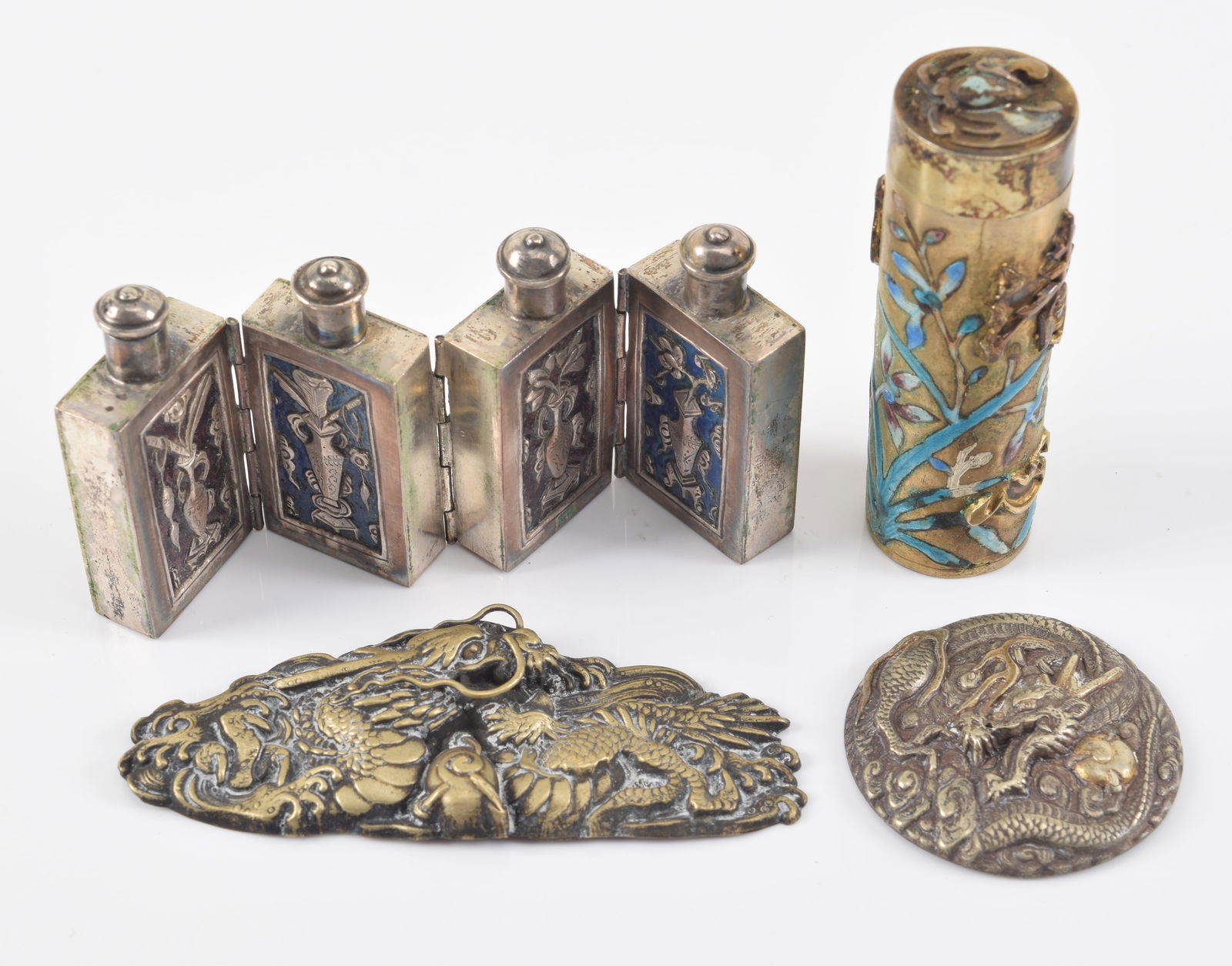 4 small Chinese and Japanese silver items. Snuff bottles, 2 repousse mounts, and an enamel decorated (1 of 9)