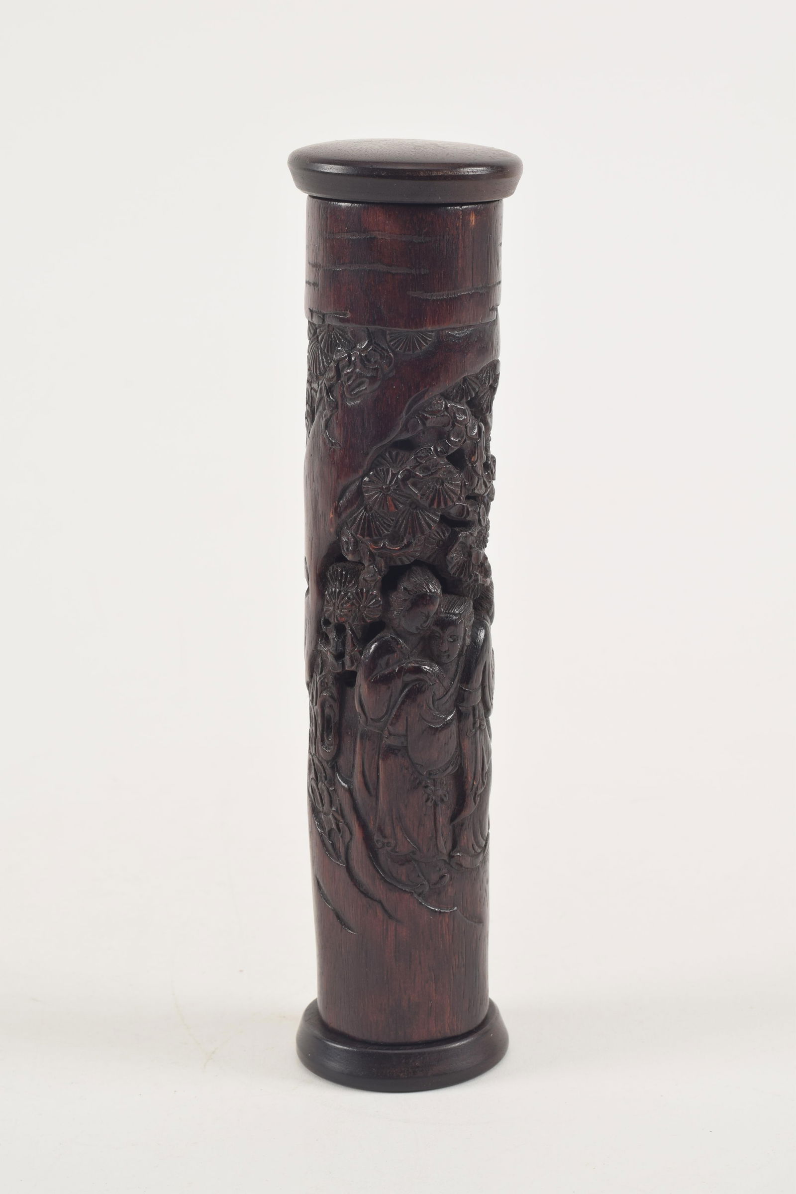 Carved bamboo incense case. China. Early 20th century. Surface carved with figures. 8in. (1 of 5)