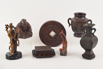 Lot of 7. To include: 2 Chinese carvings of agate and tiger eye, cash coin, a carved wooden figure,