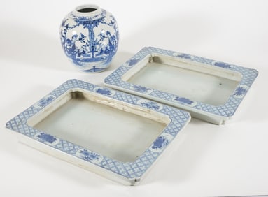 Lot of 3 Chinese porcelains including blue and white ovoid jar and 2 large planters.