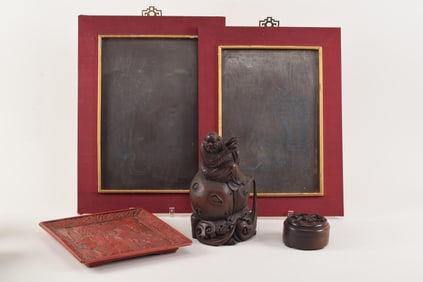 Lot of 5 works. To include: a pair of Chinese early 20th century framed iron plaques, a bamboo