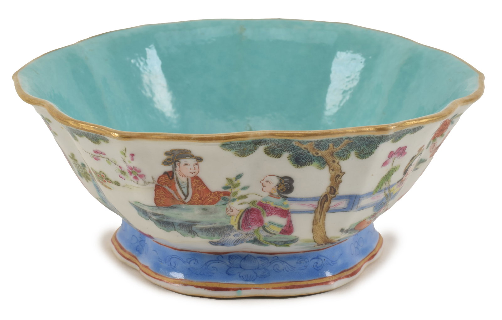 19th century Chinese famille rose porcelain lobed dish on pedestal base. Fine figural and landscape (1 of 9)