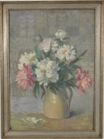 Clara McChesney. American. Still life of flowers in a vase. Oil on canvas. Signed, dated 1917, and