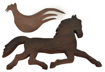 Folk art cut steel rooster form weathervane, 19th Century, together with a cut wood trotting horse