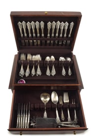 Wallace "Grand Baroque" sterling silver flatware service. To include: 12 dinner forks (7.5in), 12