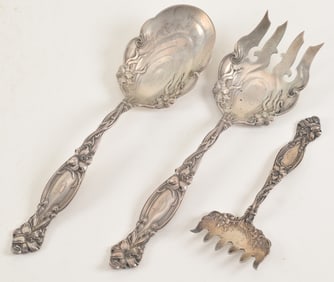 Simpson, Hall, Miller & Co. sterling silver serving pieces, ca. 1900. Ornate Lily and scrollwork