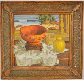 Mid- 20th Century expressionist still life. Fruit and bowl before a window. Signed in red with