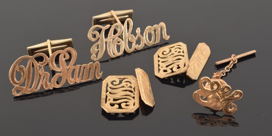 Gold cuff links and accessories. 1) Pair of 10K gold reticulated personalized cufflinks. Gold filled