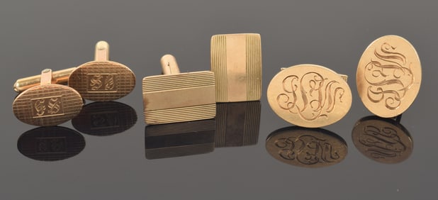 3 pairs of gold cufflinks. 1) 14K gold links marked Avedon. Engraved monogram. 14.4 grams. 2) 2