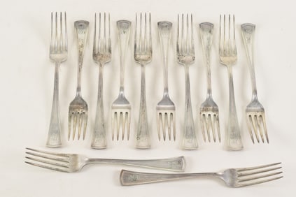 Dominick and Haff "Virginia" sterling silver set of 12 forks. Monogrammed. Marked. 7in length. 18.2
