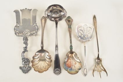 6 fine sterling silver serving items including a George G. Shreve serving fork, a Gorham enamel