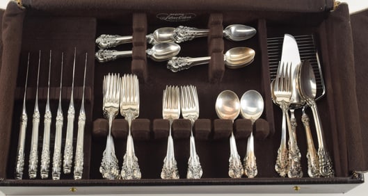 Wallace "Grand Baroque" sterling silver flatware service. Includes 12 soup spoons (6.125in), 12