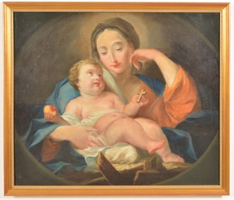 18th century old master. Madonna and child painting. Depicted in an oval vignette Infant shown with