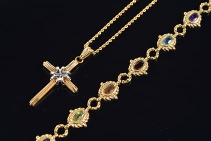 2 gold jewelry items. 1) 10K gold multi-colored gemstone mounted bracelet. 7in length. Marked on