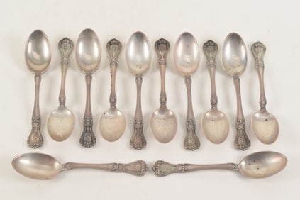 Gorham "Chantilly" sterling silver set of 12 teaspoons. Monogrammed. Marked. 5.75in length. 15.1
