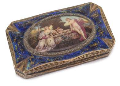 Antique enameled silver box with hand painted classical scene on lid. Gilt interior. Engraved