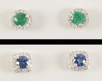 2 pairs of 14K white gold stud earrings. 1) Sapphire and diamond earrings. Round cut sapphires
