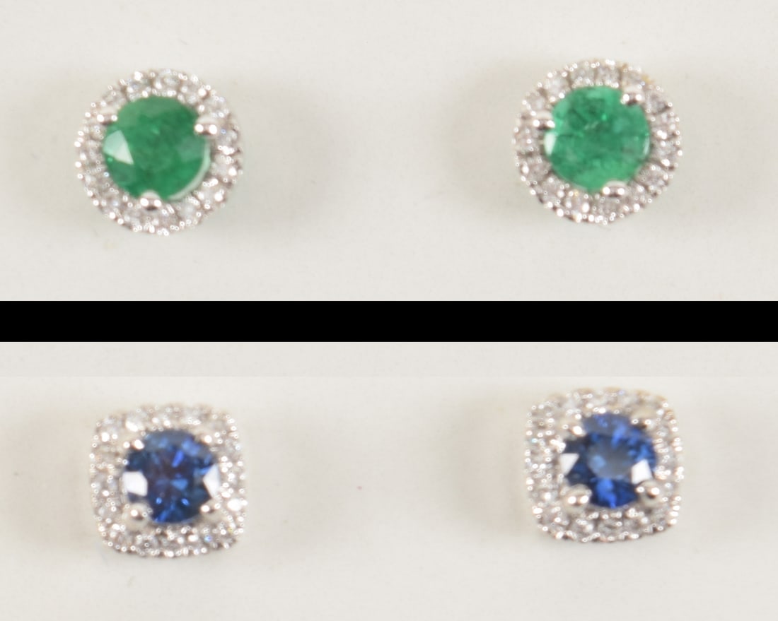 2 pairs of 14K white gold stud earrings. 1) Sapphire and diamond earrings. Round cut sapphires (1 of 3)