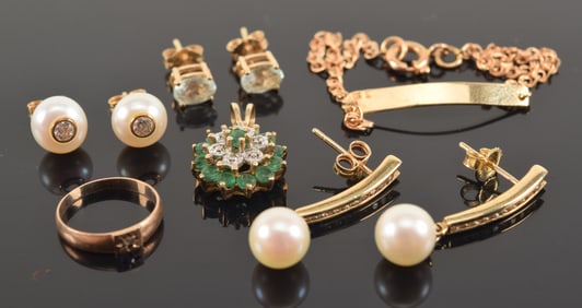 Lot of assorted jewelry including gold. 1) Pair of 14K gold and diamond pearl drop earrings. 2) 10K