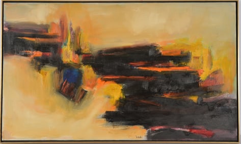 Richard Lee. America/Mexico. "The Shadows". Mid century modern abstract painting. Black, orange and