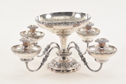 Banker Ellis silver plated candelabra centerpiece. Removable candlesticks and center bowl. 21in