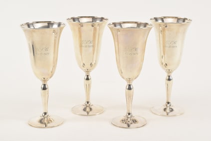 Set of 4 Wallace sterling silver goblets. Monogrammed and dated Dec. 25 1929. Marked on base. 8.25in