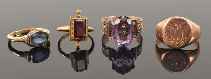 4 antique gold rings. 1) 19th century 14K gold pink/red tourmaline set ring. Unmarked. Tests as 14K.