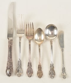 61 Piece Sterling silver partial flatware set, American Victorian pattern by Lunt. Including 12