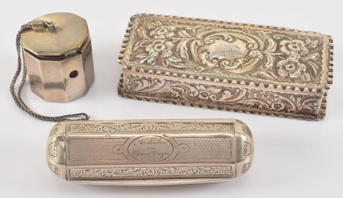 [3] small silver boxes. 1) 19th century Austro-Hungarian octagonal silver box with lid. Inscribed