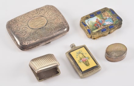 Lot of 5 silver containers, including sterling cigarette case, enameled silver box with gilt