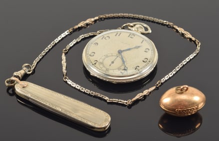 1929 10K gold football charm together with white gold filled Elgin pocket watch, chain and pocket