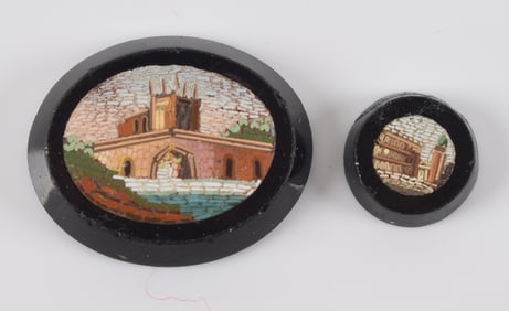 2 Antique small micro mosaic pieces with architectural scenes.