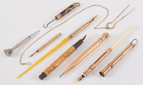 Lot of vintage pens, pencils and accessories. Several gold-filled mechanical pencils and fountain