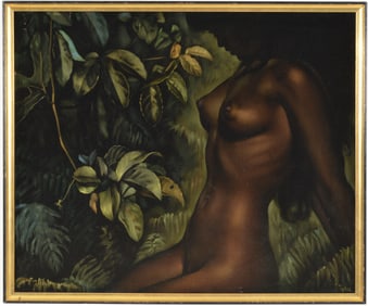 Ralph Burke Tyree. Hawaii 1921-1979. Nude in tropical landscape. Oil on velvet on board. Signed