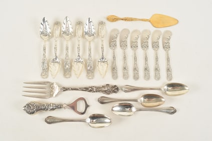 18 Sterling silver flatware items including a Robert Wallace Reverie serving forks, 6 butters and 6