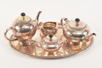 German 835 silver 4-piece tea set with matching tray. Rope band decoration. Some insulators missing.