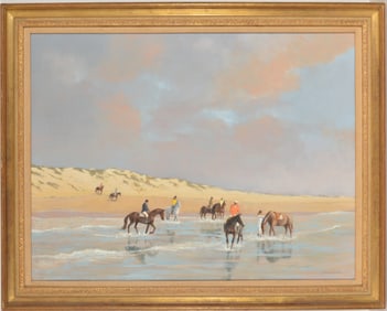 Jaques Vermont. "La Haite des Cavalliers". Large beach scene with figures riding horses. Oil on