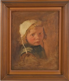 Marie Thebault. Munich School. Portrait of a girl in white bonnet. Early 20th Century. Oil on