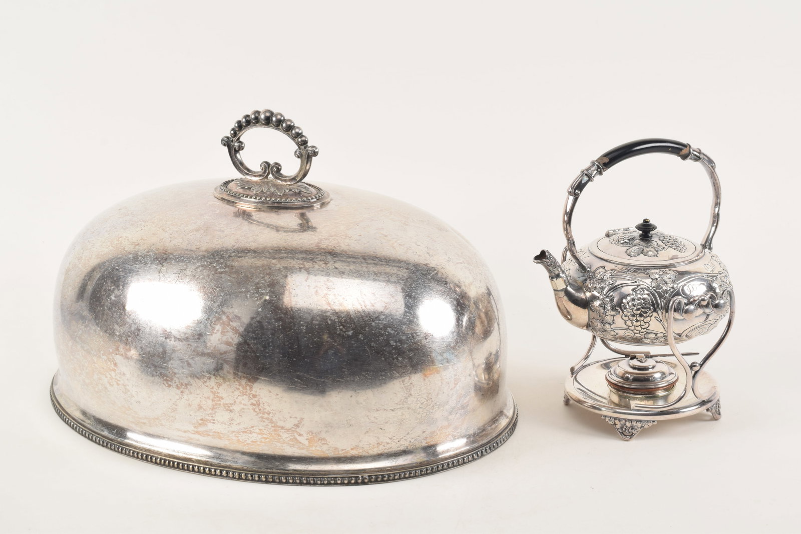 2 silver plated items. 1) Large antique meat cover. Dent in top/side. 18in wide. 2) Sheffield silver (1 of 4)