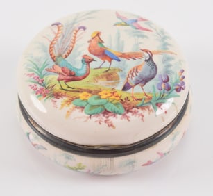 Antique enamel box with gilt silver interior. Colorful hand painted floral and bird decoration.