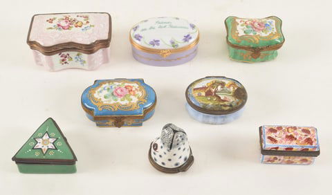 Lot of 8 antique and vintage enamel boxes including seal head form, triangular form with star