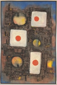 Wang Ming. Chinese-American. Large mid century abstract painting. Mixed media watercolor on