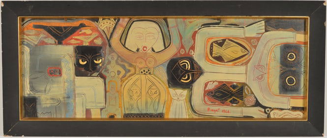 Mid 20th century incised masonite and painted figural abstract painting. Signed and dated 1964. Oil