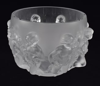 Lalique crystal "Luxembourg" bowl decorated with relief putti and foliage. Base with heavy shelf