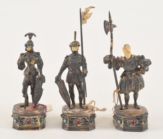Sterling silver historical figurines, early 20th century. 3 Medieval knight figures depicting King