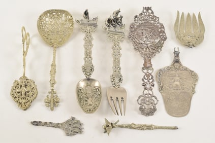 7 ornate Dutch and German utensils, some silver. One repaired, several damaged/pieces. Largest: