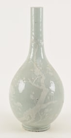 18th/19th century Chinese Chien Lung celadon ground tall bottle vase with applied slip Hawthorn