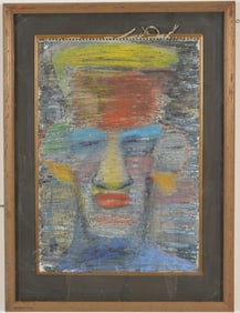 Aaron Fink. Massachusetts. Abstract portrait of a face. Oil on leather (?). Possible monogram lower